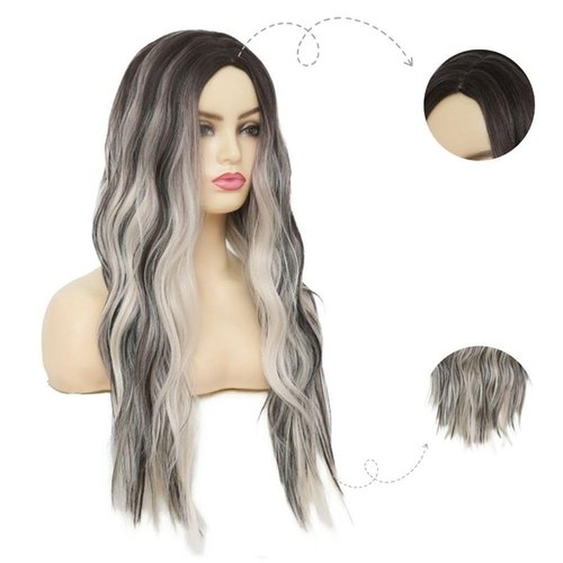 Kaneles Black Mix Blonde Long Wigs for Women Dark Root Loose Curly Wavy Fluffy Hair Wig Middle Part Synthetic Fiber Wig for Daily Cosplay Use