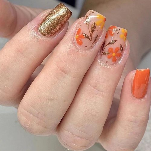 Fall Press on Nails Short Square Fake Nails Orange False Nails Thanksgiving Acrylic Nails with Flower Leaf Design Glue on Nails Glitter Glossy Full Cover Stick on Nails for Women Manicure 24Pcs
