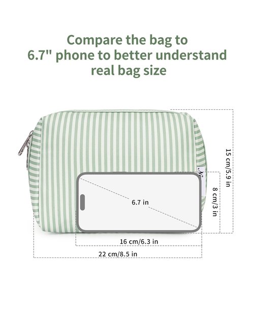 Narwey Cute Makeup Bag Travel Cosmetic Bag Organizer Toiletry Bag Make Up Bags with Compartments for Women (Large, Mint Green Stripe)