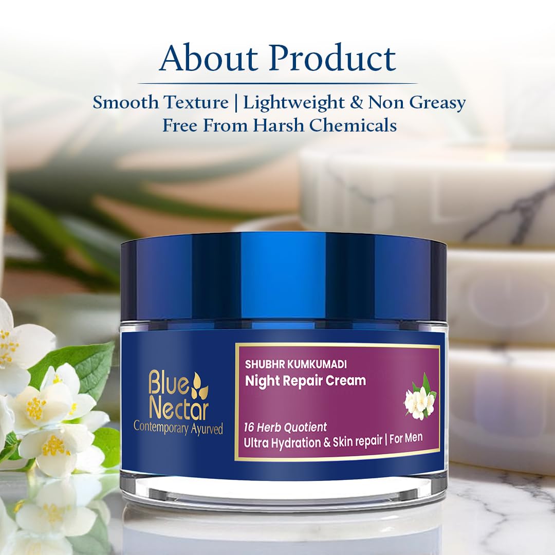 Blue Nectar Kumkumadi Night Cream with Jasmine for Deep Hydration with Kumkumadi Oil & Organic Ghee | Plant-Based Moisturizer for Smooth, Radiant and Glowing Skin (Men, 16 Herbs, 1.7 Fl oz)