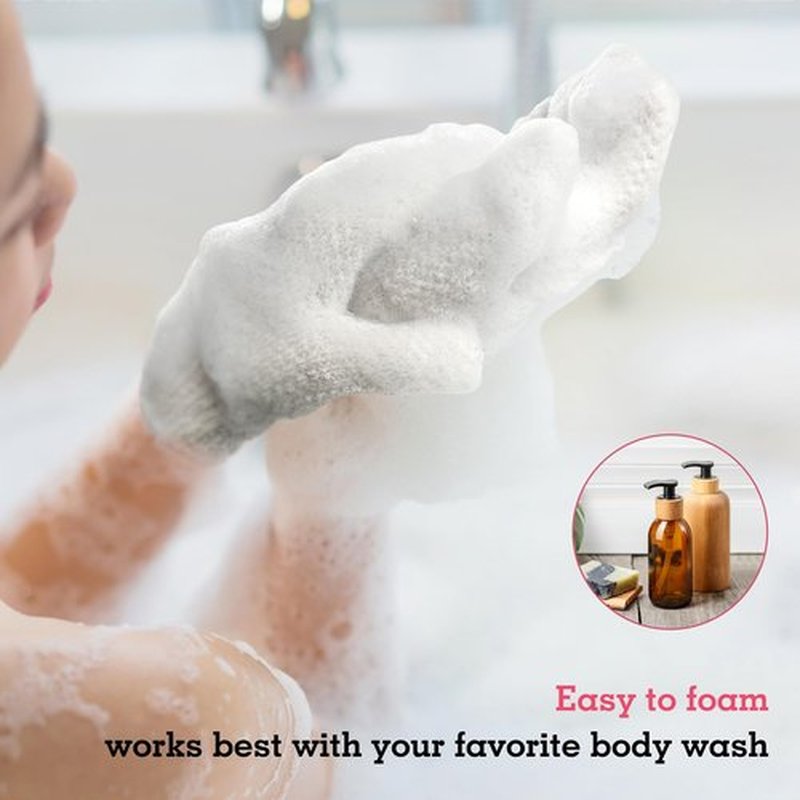 Evridwear Exfoliating Gloves for Shower, 100% Nylon Thick Soft Medium Heavy Bathing Gloves Dead Skin Remover Body Scrubber Smooth Skin with Hang Loop, 2 Pairs Light White