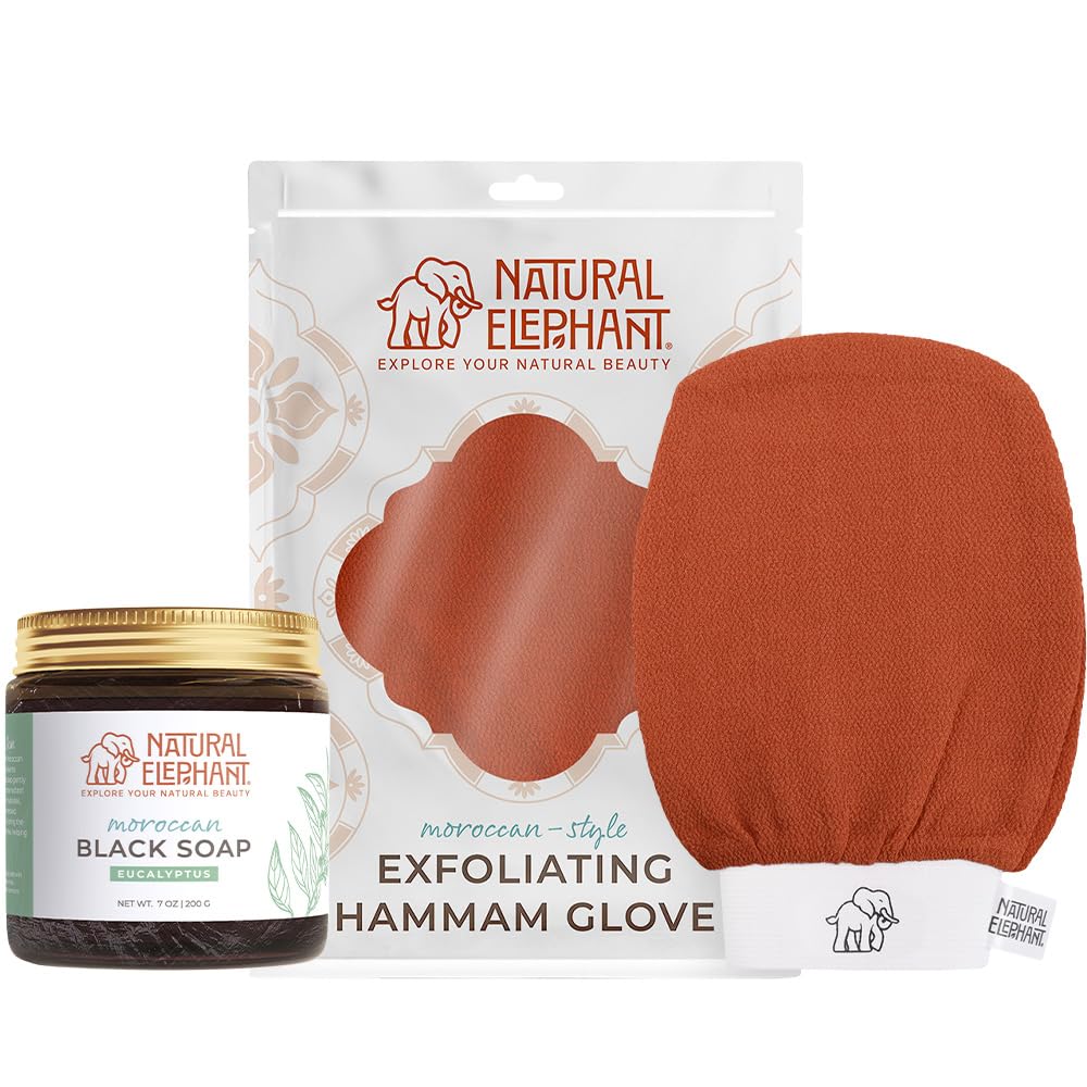 Natural Elephant Moroccan Black Soap 200g (7oz) and Exfoliating Hammam Glove Combo (Pink Tulip)