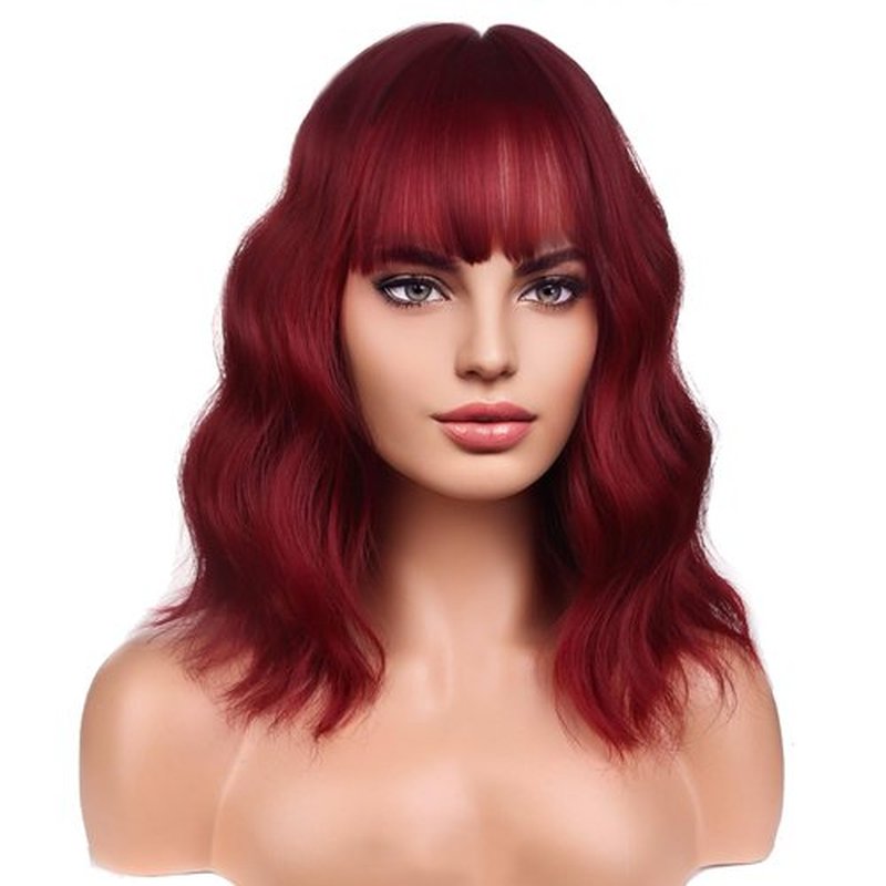 BERON 14 Inches Red Wig Short Curly Wig Wine Red Wigs with Bangs for Women Girl's Synthetic Wig with Wig Cap