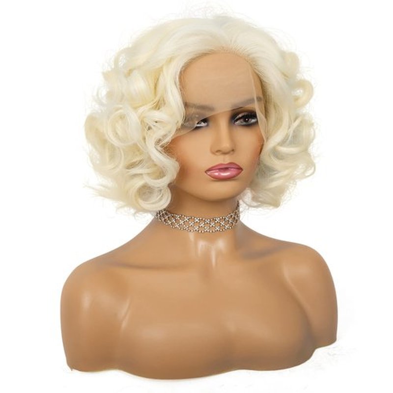 Amnenl Short Curly Blonde Lace Front Wig Blonde Short Bob Synthetic Hair Natural Hairline Platinum Wigs for Women