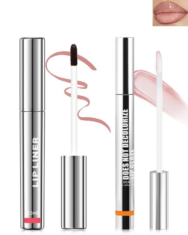 Peel Off Lip Liner Stain, Long Lasting Stay Waterproof Lip Tint Stain Peel Off, Pink Lip Liner Tattoo and Clear Glitter Lip Gloss Combo, Non-Stick Cup Nourishing Shimmer Lip Oil Lipstick Makeup-Set 1