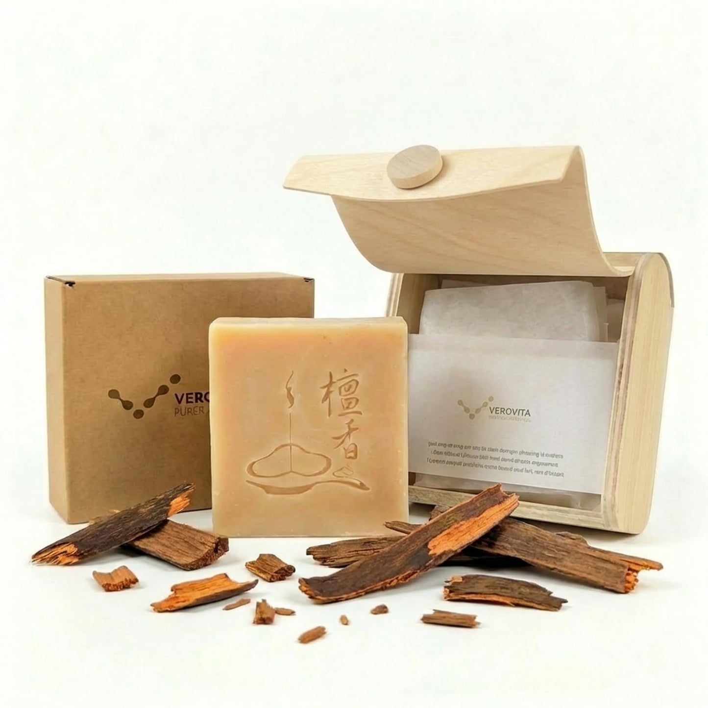 verovita Handmade Sandalwood Soap - Cold Process, 48 Days Cured, pH Balanced, Plant Oils, 3oz + Foaming Net
