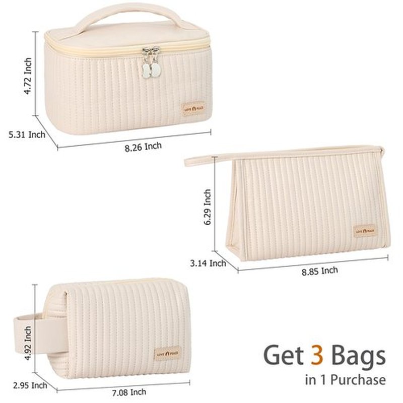 MIRASON Makeup Bag Set of 3 Cute Cosmetic Travel Toiletry Bag Organizer Pouch Set for Women PU Leather Waterproof Toiletry Bag 3 Piece Set, Beige