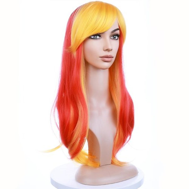 BERON Orange Yellow Wigs Long Wavy Women Wigs with Bangs Flame Curly Heat Resistant Synthetic Wigs for Cosplay Party Wigs