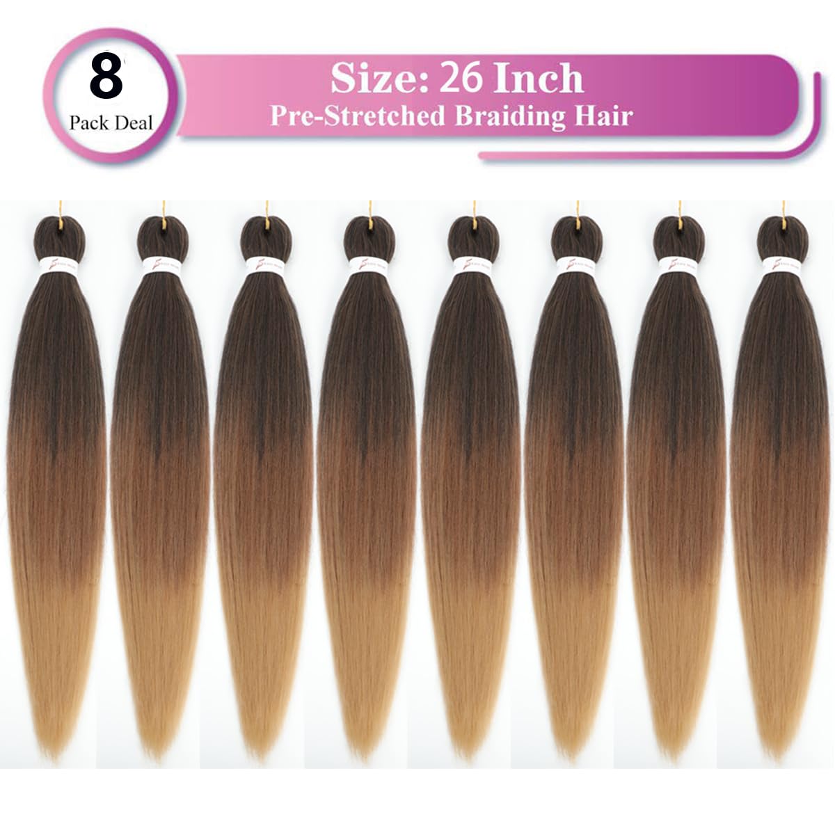 Ombre Braiding Hair Pre Stretched 26 Inches Ombre Brown 8 Packs/Lot Braid Hot Water Setting Professional Synthetic Braiding Hair for Crochet Hair Extensions (8Pcs,#1b/30/27)