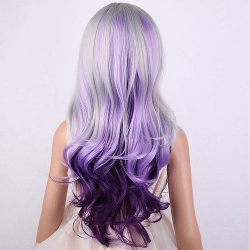 PATTNIUM Long Wavy Silver Gray Wig for Kids Child Gray Mixed Purple Wig Girls Gray Synthetic Wig with Wig Cap