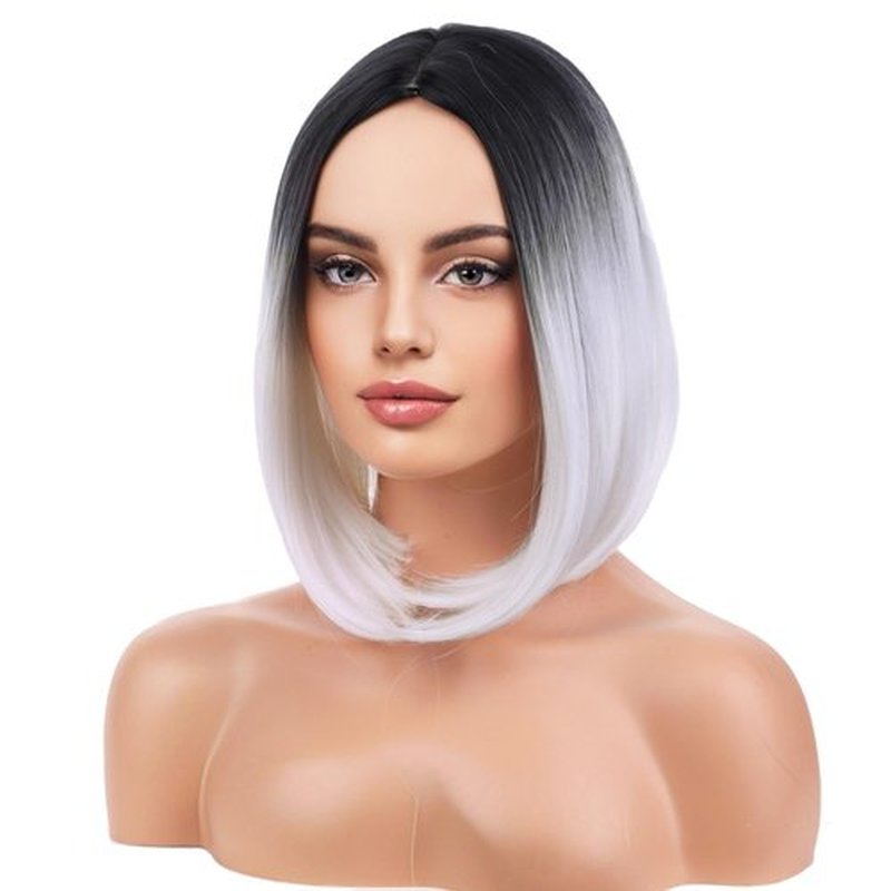 BERON 12 Inches Ombre Grey Wig Short Straight Hair Bob Wig Ombre Gray Wigs Flapper Wig for Women with Wig Cap