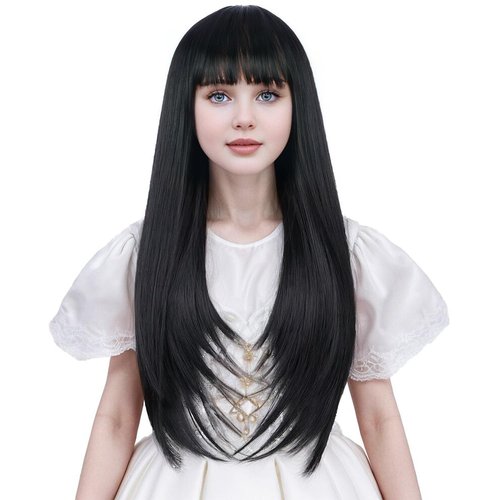 Ufindcos Black Wig with Bangs for Kids Long Black Wig Long Straight Child Wig Natural Black Wig for Girls 22 inches Synthetic Wig with Wig Cap