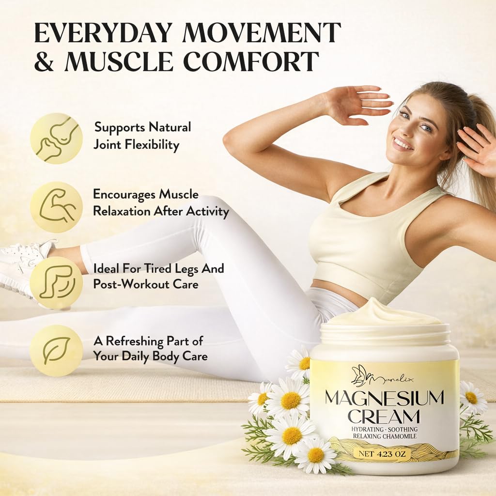 Manelix Magnesium Cream for Sleep - Topical Magnesium for Women, Muscle Relaxation, Calm, Moisturizing with Coconut Oil, Shea Butter & Hyaluronic Acid, 4.23 OZ, Safe for Kids (4.23 Ounce, Chamomile)