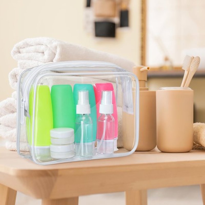 PACKISM TSA Approved Toiletry Bag with Bottles - Travel Accessories 8 Pack Leakproof 3.4oz Silicone Travel Bottles for Toiletries, Shampoo Conditioner Lotion Body Wash BPA Free, White