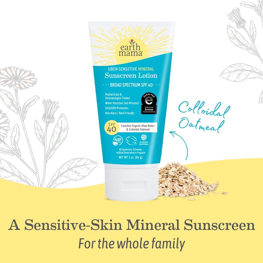 Earth Mama Uber Sensitive Mineral Sunscreen Lotion SPF 40-3oz 2pk - Non-Nano Zinc - Broad Spectrum Sunscreen for Sensitive Skin - Water Resistant Sun Protection for Babies, Kids & Adults