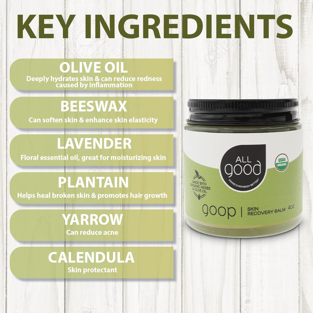 All Good Goop Organic Skin Care Recovery Balm - All Purpose Ointment w/Calendula, Lavender, Beeswax - Chafing Cream, Dry Skin Salve, Cracking Lip Moisturizer - Soothes, Hydrates & Calms - 4oz
