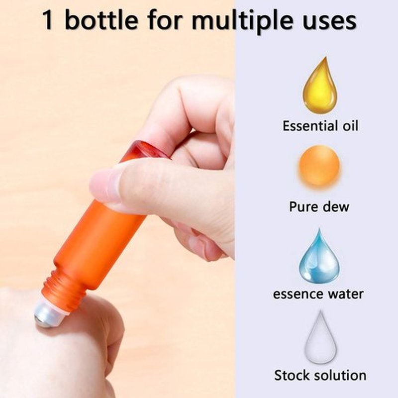 Kesell Glass Roller on Bottle, 10ml Refillable Essential Oil Bottle with Stianless Steel Ball, Pack of 10 (Orange)