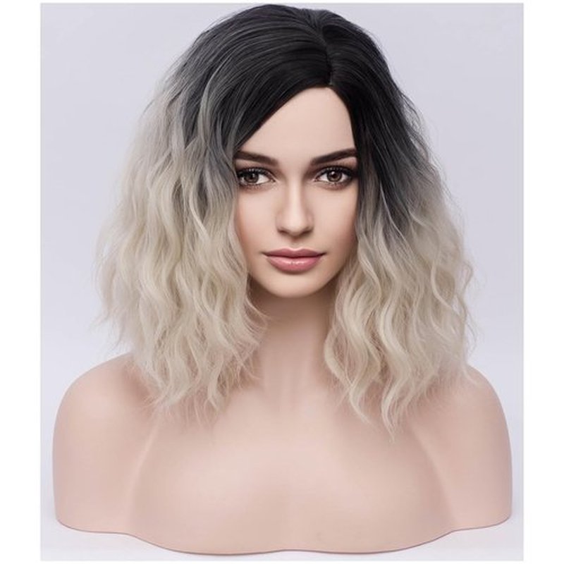 BERON Black Ombre Platinum Women Wig Girls Short Curly Wavy Hair Wigs Shoulder Length Synthetic Wigs for Daily or Cosplay Used