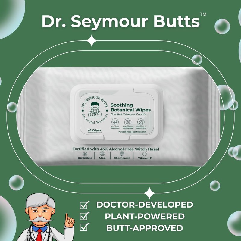 Dr. Seymour Butts Hemorrhoid Care Wipes – 45% Witch Hazel, Aloe Vera, Vitamin E & Calendula | Alcohol-Free Soothing Cleansing Wipes for Gentle Comfort and Hygiene – 45 Count