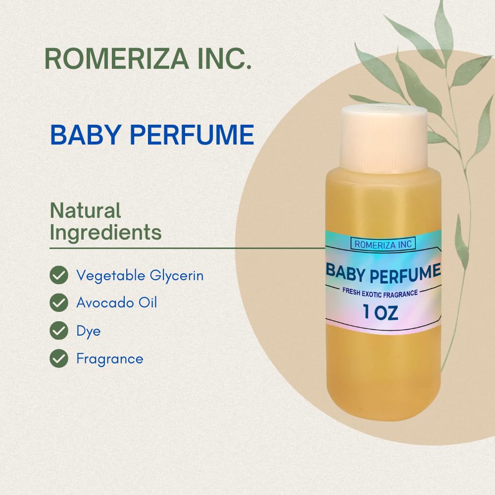 ROMERIZA INC. 1 Fl Oz Baby Perfume Fragrance Body Oil – Luxury Unisex Baby Oil Perfume with Long Lasting Baby Powder Scent, Uncut Perfume Oil,Scented Body Oil for Women & Men