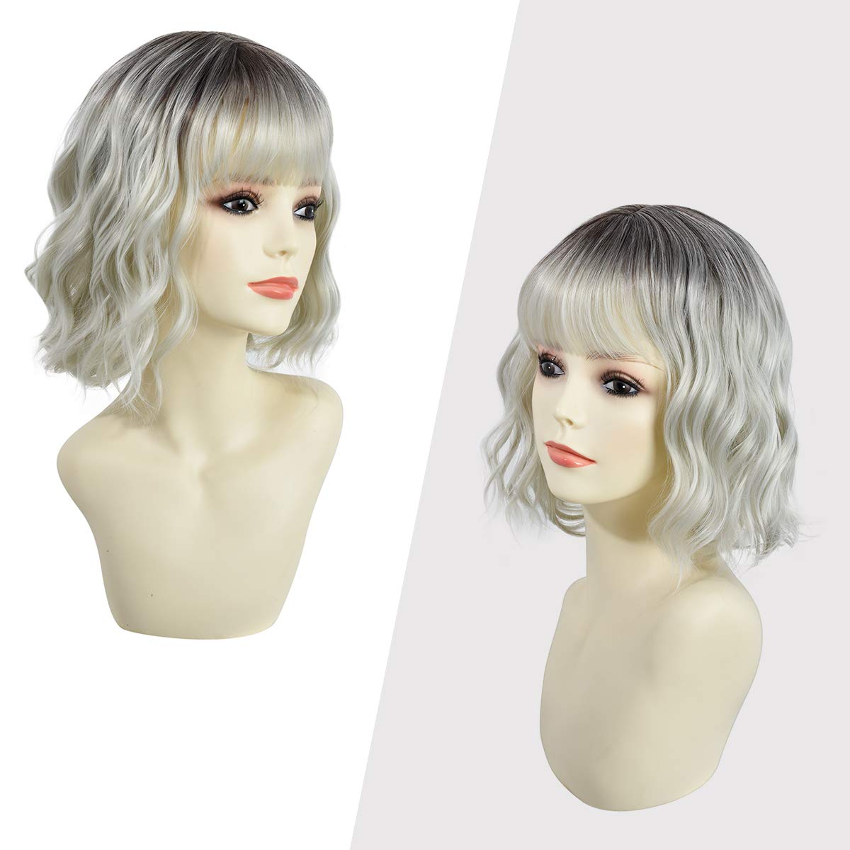 Rose bud Wavy Bob Wig with Bangs Natural Ombre Silver Wig Synthetic Hair Shoulder Length Short Hair Curly Wigs for Women