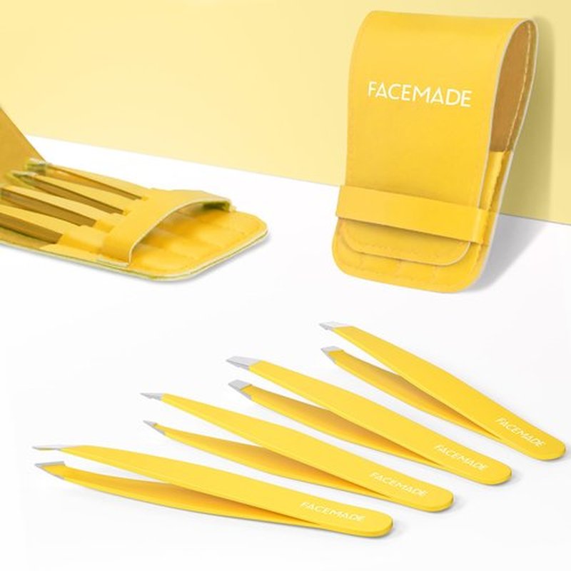 FACEMADE 4 Pack Tweezers Set - Professional Stainless Steel Tweezers for Men and Women, Precision Eyebrow Tweezers for Facial Hair, Chin, and Ingrown Hair Removal (Yellow)