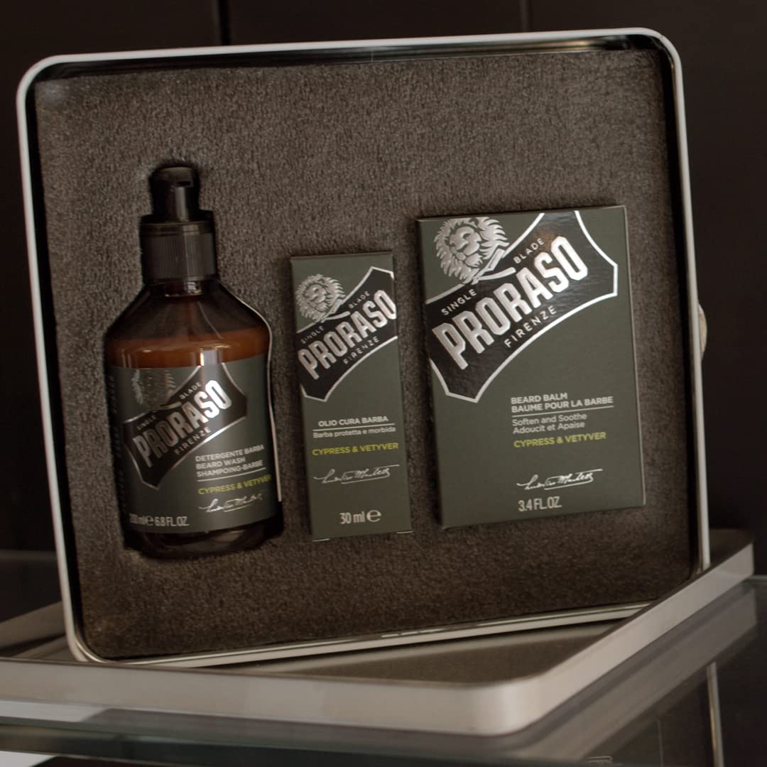 Proraso Cypress and Vetyver Complete Beard Care Kit - Beard Wash, Oil, and Balm with Fresh, Earthy Scent - Premium Italian Gift Set for Men in Collectible Tin Box