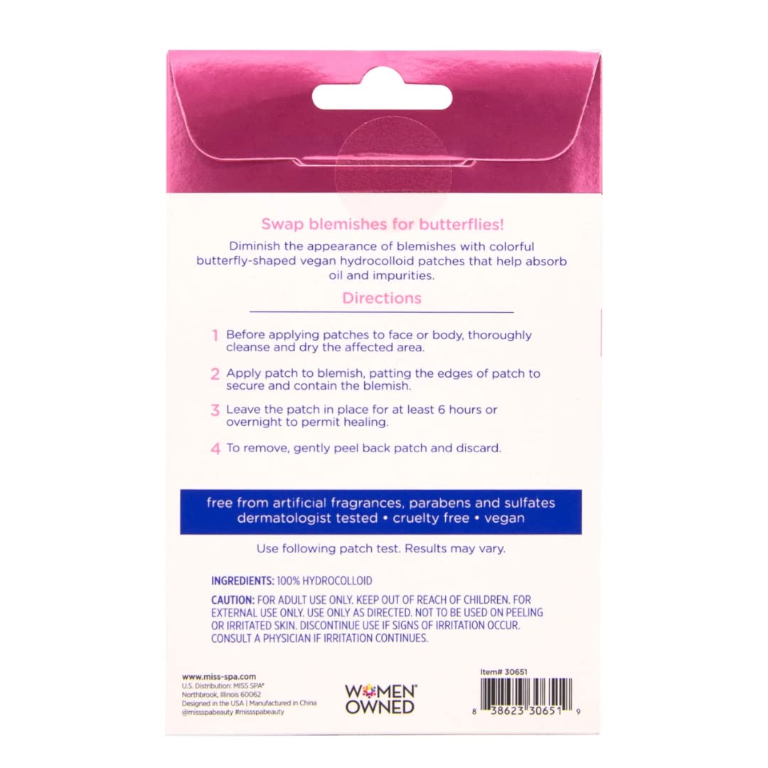 Miss Spa Blemish Patches, Hydrocolloid Acne Pimple Patches, Colorful Butterfly Vegan Hydrocolloid Absorbing Acne Patches, Face & Body Pimple Patches 4 Packs (80 Count)