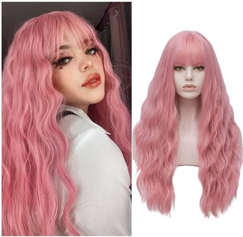 MORTICIA Women Long Kinky Curly Wavy Full Bang Wig for Party and Daily Wear (Mixed Pink)