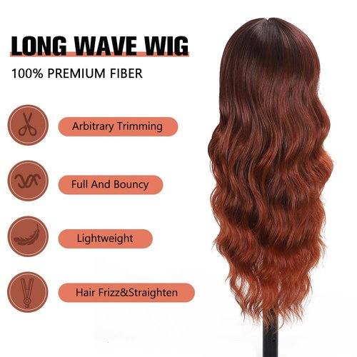 UNNYMGER Reddish Brown Wigs with Bangs,Long Curly Wig for Women Long Wavy Wig Synthetic Hair Wig for festival holiday Use 26IN (R1B-99-350)