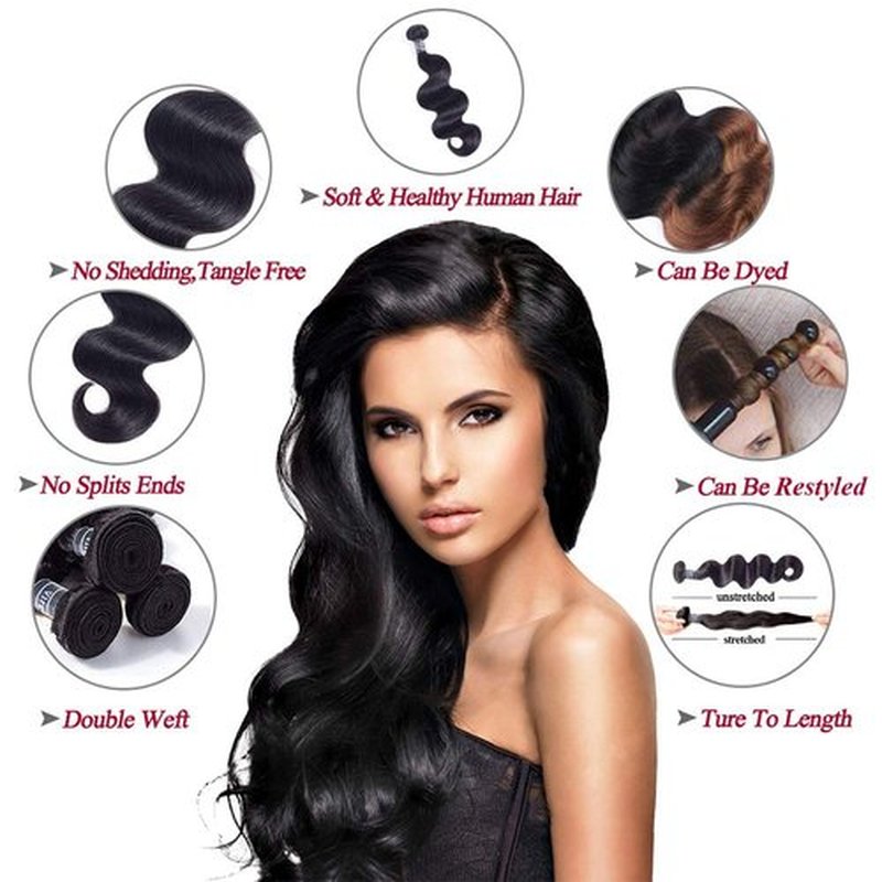 Amella Hair 100% Unprocessed Brazilian Body Wave Bundles with Closure (16 18 20 +14Closure, Natural Black) Virgin Brazilian Hair Bundles Weave with Lace Closure Free Part