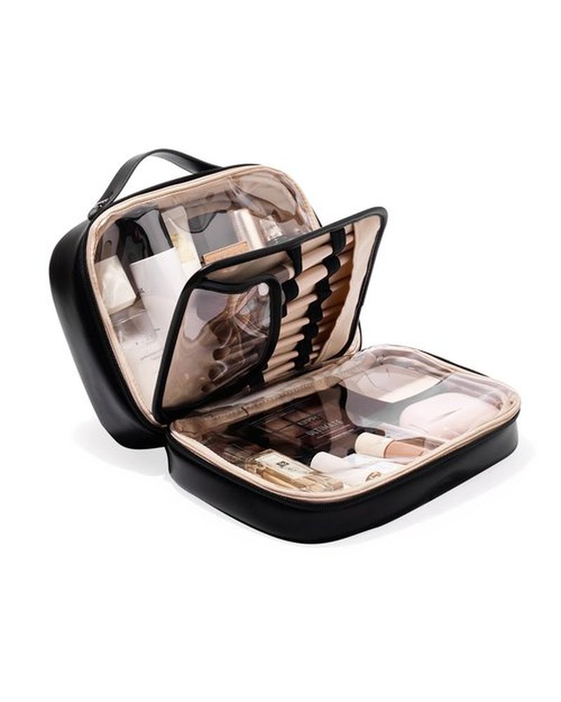 EACHY Travel Makeup Bag, Large Capacity Cosmetic Bags for Women, Waterproof PU Leather Make Up Bag with Makeup Brush Organizer (Black)