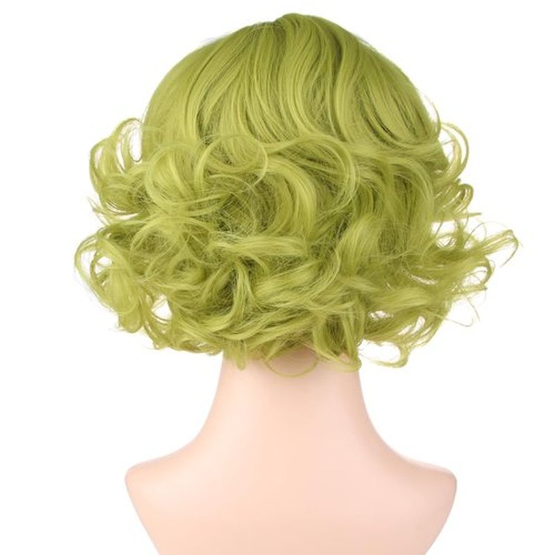 MAGQOO Green Wig with Bangs Women Girls Short Curly Wavy Fluffy Matcha Green Wig Halloween Cosplay Costume Party Wig