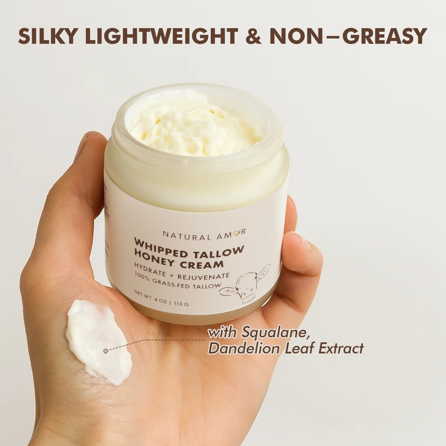 Natural Amor Whipped Grass Fed Tallow Honey Cream – 4oz Natural Moisturizer with Shea Butter, Manuka Honey & Jojoba – Lightweight Body Cream for Dry, Sensitive Skin – Nourishing & Non-Greasy