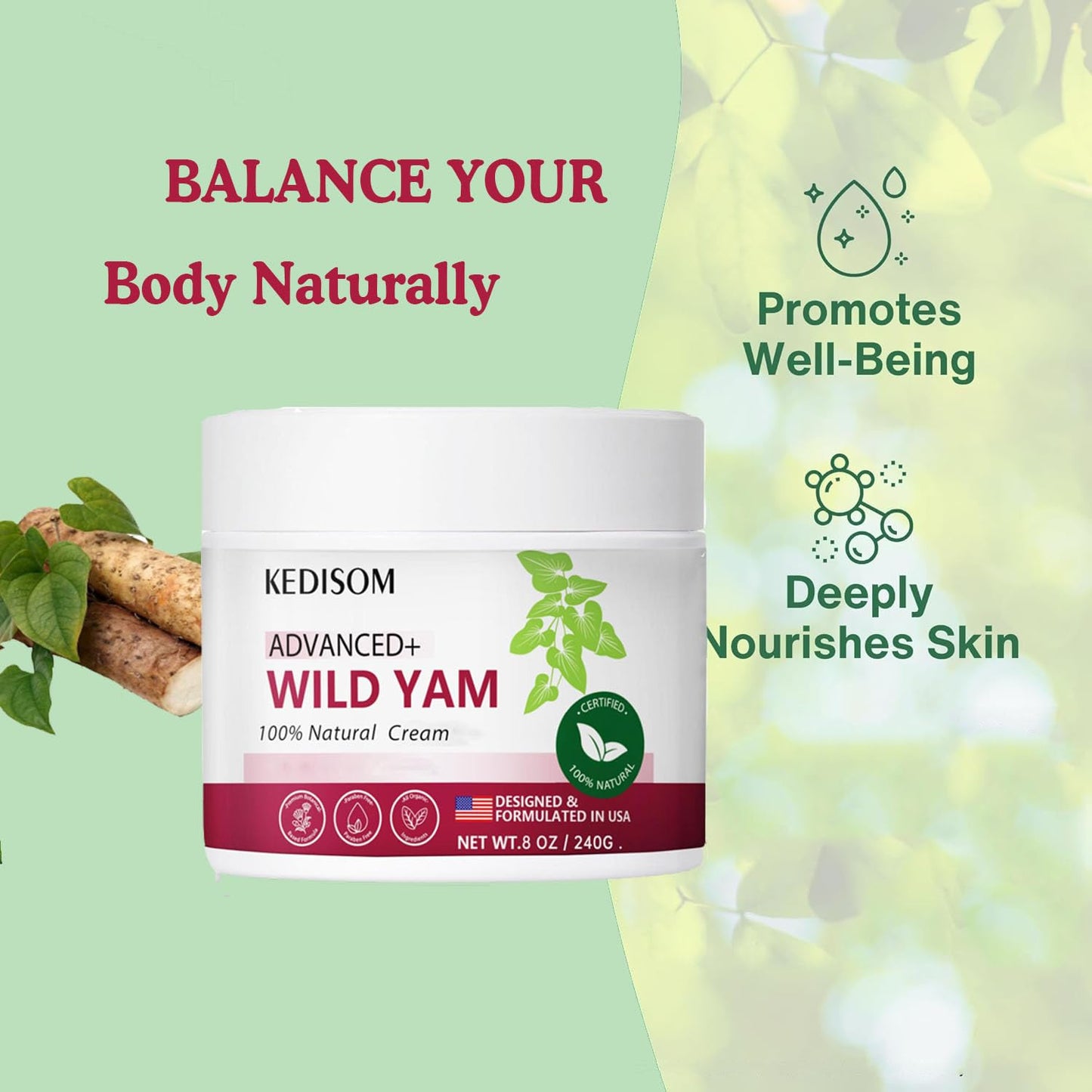 KEDISOM Wild Yam Cream for Skin Rejuvenation - Natural Formula with Wild Yam Root, Organic Wild Yam Cream for Softens and Moisturizes - Fast Absorbing, Non-Greasy, 8Oz