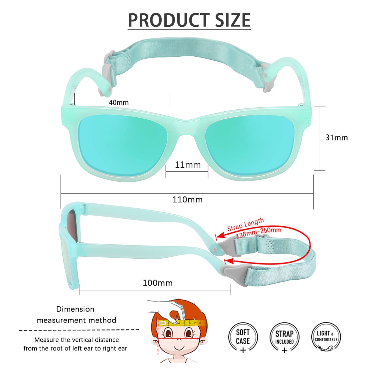 MAXJULI Polarized Baby Infant Sunglasses Safe, Soft, With Adjustable Strap 0-24 Months BPA Free (Translucent Green/Green