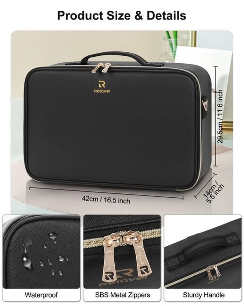 Relavel Travel Makeup Bag With LED Mirror, 16.2" Large Makeup Train Case, 3 Color Scenarios Adjustable Brightness, Waterproof Makeup Train Case Organizer with DIY Dividers for Makeup Artist, Black