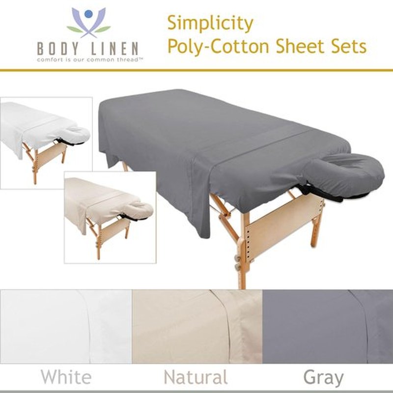 Massage Table Poly-Cotton Sheet Sets by Body Linen. - 3 Piece Set includes Flat & Flat Sheets and a Face Rest Cover. Super Soft and Durable for Professional Use (Natural) - 10 Pack