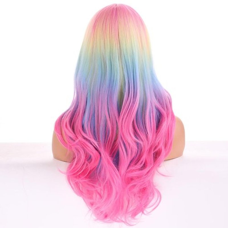 BERON 26 Inches Rainbow Wig Long Wavy Wig with Bangs Synthetic Wig Long Wig Colorful Wigs for Daily Party with Wig Cap