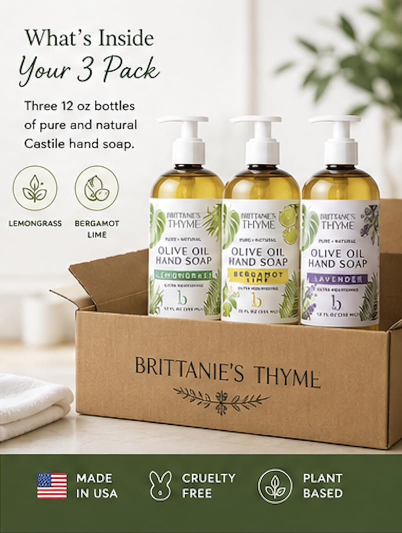 Brittanie’s Pure Castile Liquid Hand Soap Refill, Bergamot | Lavender | Lemongrass, 12 Ounce Pack of 3 | Dish Soap, Hair & Body, Home, Gentle & Pure, Natural Luxurious Oils, Vegan & Gluten Free