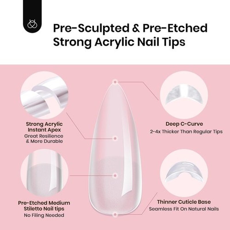 Beetles Tipex Instant Apex Nail Tips, 192Pcs Medium Stiletto Acrylic Nails Pre-Building Pre-Etched Thicker Gel Nail Tips - 16 Sizes Strong Full Cover False Nail Extension Building Gel Press-on Nails