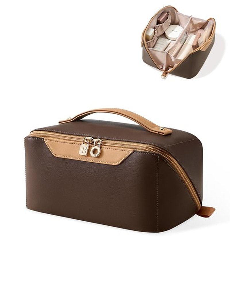 EACHY Travel Makeup Bag,Large Capacity Cosmetic Bags for Women,Waterproof Portable Pouch Open Flat Toiletry Bag Patchwork Makeup Bag (DK-Brown)