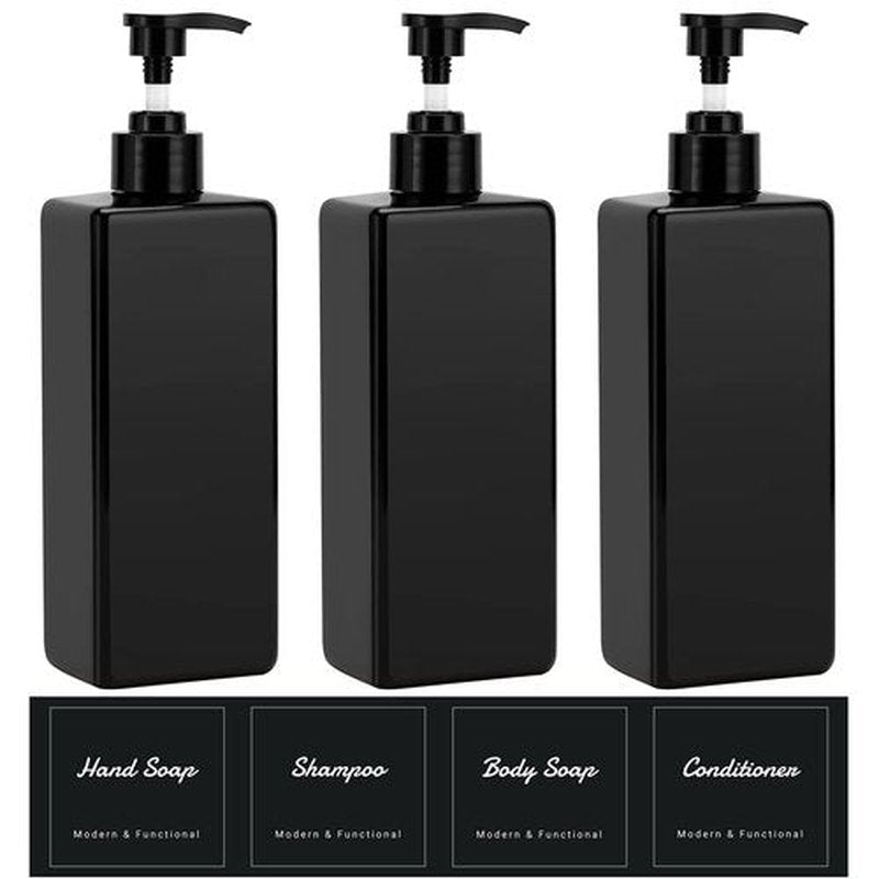 Suream Shampoo and Conditioner Dispenser Set, 3Pack 16.9oz Bathroom Countertop Soap Bottle with 4PCS lables, Plastic Refillable Dispenser with Pump for Kitchen, Office, Travel, Resturant, Black