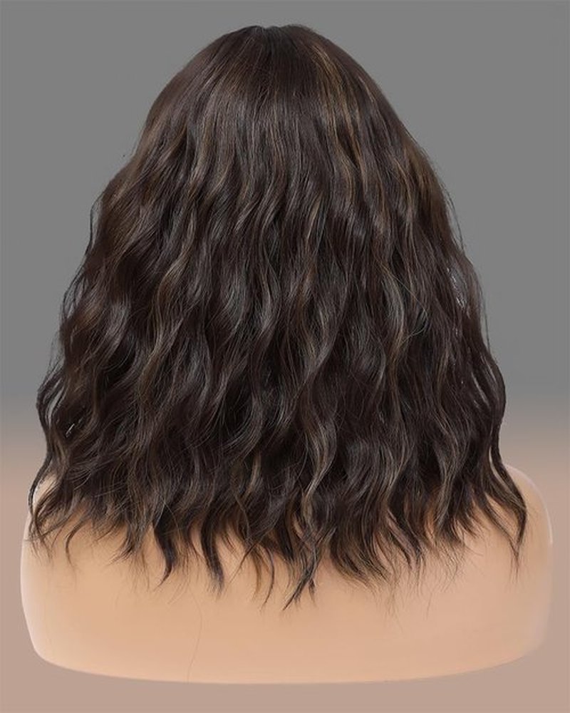 Short Brown Wavy Wigs with Bangs 14Inch Blonde Highlight Curly Bob Wig for Women Shoulder Length Natural Looking Hair Replacement Wig for Daily Party Use Cosplay Costume Halloween Wig