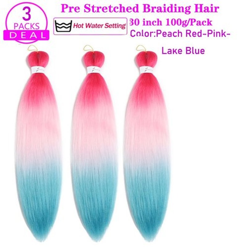 Pre Stretched Braiding Hair Extensions 30 Inch 3 Packs Crochet Twist Braids Hair High Temperature Synthetic Fiber Braid Hair Hot Water Setting（30",Peach Red-Pink-Lake Blue）