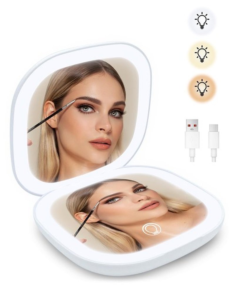 LHQOO LED Magnifying Travel Mirror 1/5x Portable Desktop Mirror - Magnifying Portable Double-Sided Dimmable USB Charging Touch Screen for Travel, Daily Commute and Dating (White)