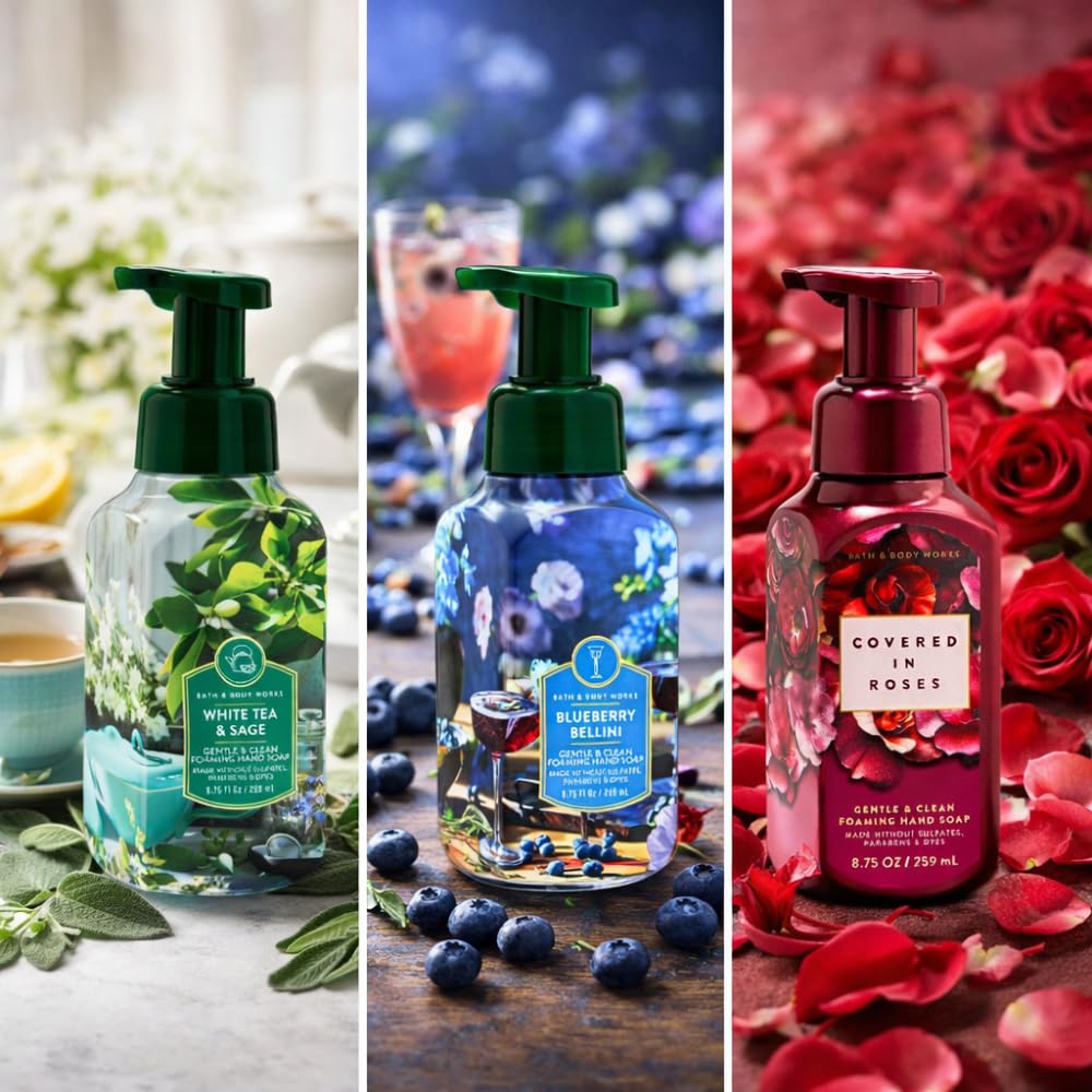 Bath & Body Works Gentle & Clean Foaming Hand Soap – WHITE TEA & SAGE, BLUEBERRY BELLINI, COVERED IN ROSES 3pc bundle – 8.75 fl oz each – Fresh Fruity & Floral Scents - 2026 LIMITED EDITION