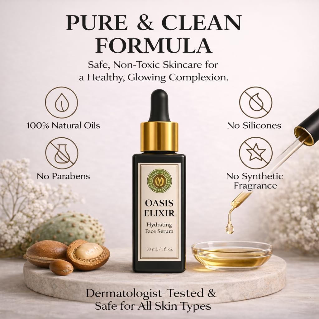 LAYA VERT Oasis Elixir Face Oil Serum, Deep Hydration and Radiant Glow, Fast Absorbing, Non Greasy, Helps Reduce the Look of Fine Lines, Argan and Prickly Pear, Jojoba, Vitamin E, 1 fl oz (30 mL)