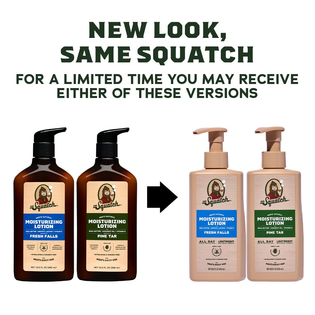 Dr. Squatch Natural Hand and Body Lotion for Men - Made with Shea Butter, Coconut Oil, Vitamin E for 24-Hr Moisturization - Pine Tar & Fresh Falls (10 fl oz, 2-Pack)