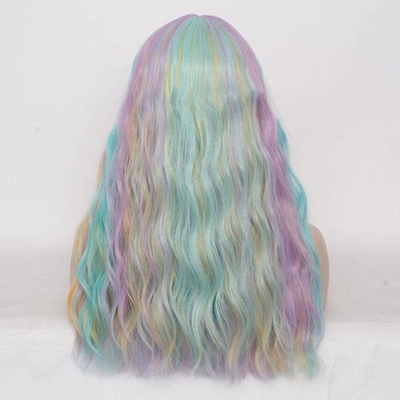 WGPFWIG Women's Multi Color Rainbow Wig 22''Long Curly Wavy Wig Shoulder Length Flat Bangs Wig For Women Girl Cosplay Party Halloween Wig Cap Included (22''Multi Color Rainbow)